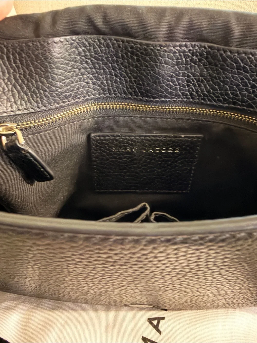 Marc Jacobs Black Leather Messenger Bag with Striped Strap